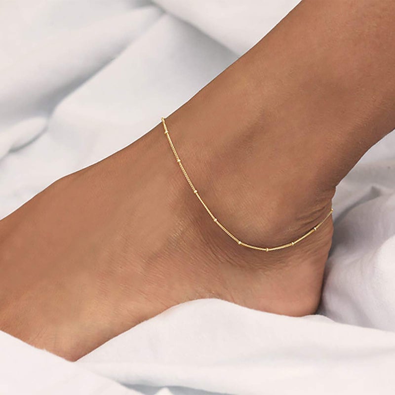 MEVECCO Anklet for Women Gold Satellite Chain 14K Gold Plated Dainty Boho Beach Summer Simple Foot Jewelry Ankle Bracelet - Image 4