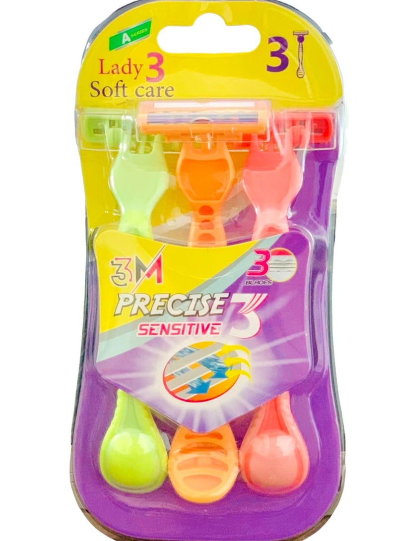 3M Precisa Sensitive Store Lady Soft Care Max 3 Blades Facial Hair Remover Razor for Face, Women and Men (Multi colour) (Pack of 3)