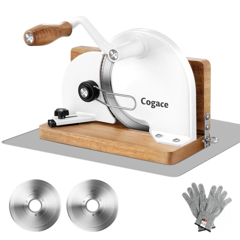 Cogace Foldable Manual Bread Slicer with Dual German RSG Blades, Homemade & Sourdough Bread, Adjustable Thickness & Scale, Hand Crank Cutter, Durable Aluminum Alloy Body & Acacia Wood Base - Image 1