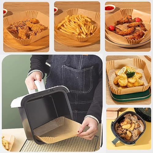 Xacton 100 pcs Air Fryer Paper Sheets, Non-Stick Parchment Paper Liners I Oil Proof Water Proof Tray I Heat Resistance, Food Grade I for Air Frying, Baking, Roasting Microwave (Square -100 Pcs) - Image 5