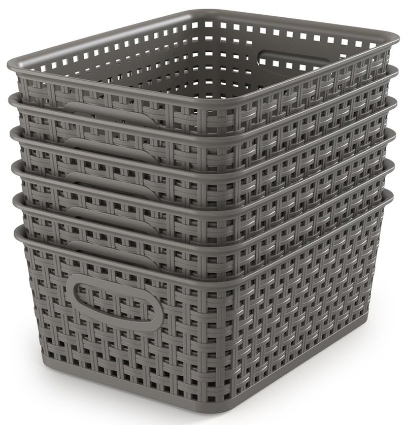 WYT Weave Storage Organizer Baskets, Grey 6-Pack Plastic Woven Baskets, 10.1" x 7.55" x 4.1" - Image 1