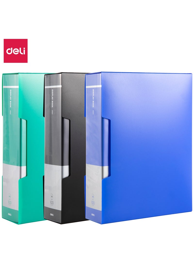 Deli كتاب عرض مكتبي Deli E5007 كلاسيك A4-100P - غلاف PP - ألوان متنوعة: أخضر، أزرق، أسود - مثالي للعروض وتنظيم الوثائق - Image 1