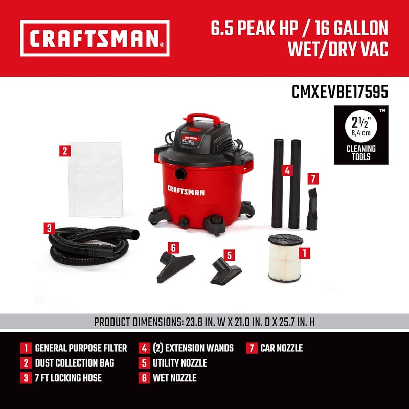 CRAFTSMAN CRAFTSMAN CMXEVBE17595 16 Gallon 65 Peak HP Wet Dry Vac HeavyDuty Shop Vacuum Wet and Dry with Filter Dust Bag Hose and Attachments for Home Projects  Renovations - Image 3