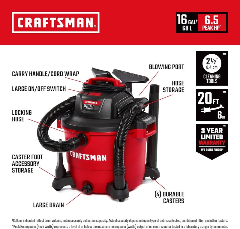 CRAFTSMAN CRAFTSMAN CMXEVBE17595 16 Gallon 65 Peak HP Wet Dry Vac HeavyDuty Shop Vacuum Wet and Dry with Filter Dust Bag Hose and Attachments for Home Projects  Renovations - Image 2