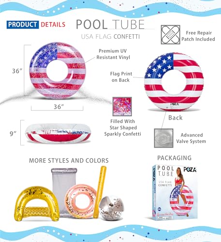 POZA Inflatable USA Luxurious Ring Pool Float Sparkling Silver Stars Confetti with Cute American Flag Design Perfect 4th of July Float for Beach Lake and Pool 36 Inch - Image 5