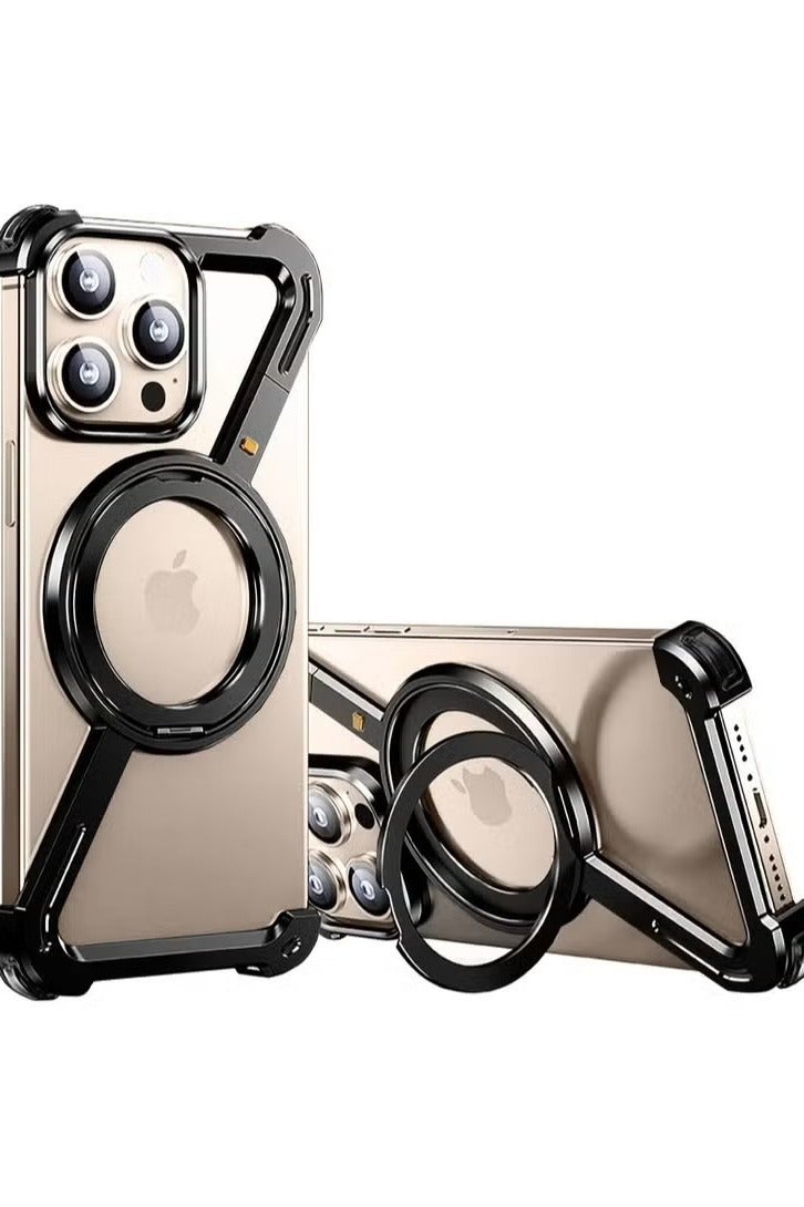 جراب iPhone 16 Pro مع مسند دوار 360 درجة | جراب Z بدون إطار من الألومنيوم بتصميم مصد | مقاوم للصدمات، متوافق مع MagSafe، هيكل معدني رفيع أسود اللون - Image 1