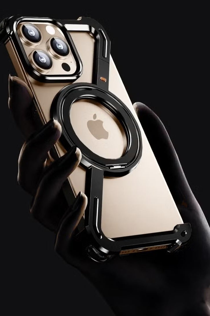 جراب iPhone 16 Pro مع مسند دوار 360 درجة | جراب Z بدون إطار من الألومنيوم بتصميم مصد | مقاوم للصدمات، متوافق مع MagSafe، هيكل معدني رفيع أسود اللون - Image 5