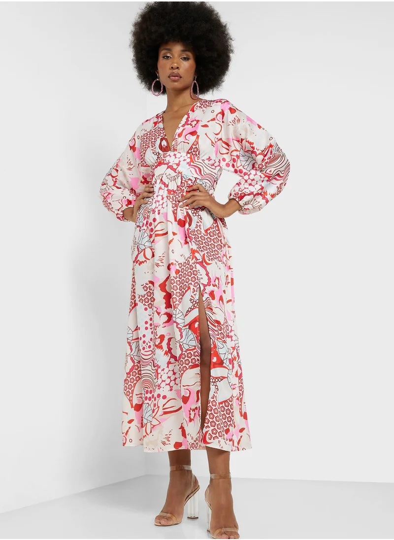 ELLA Printed Cuff Sleeve Fit & Flare Dress