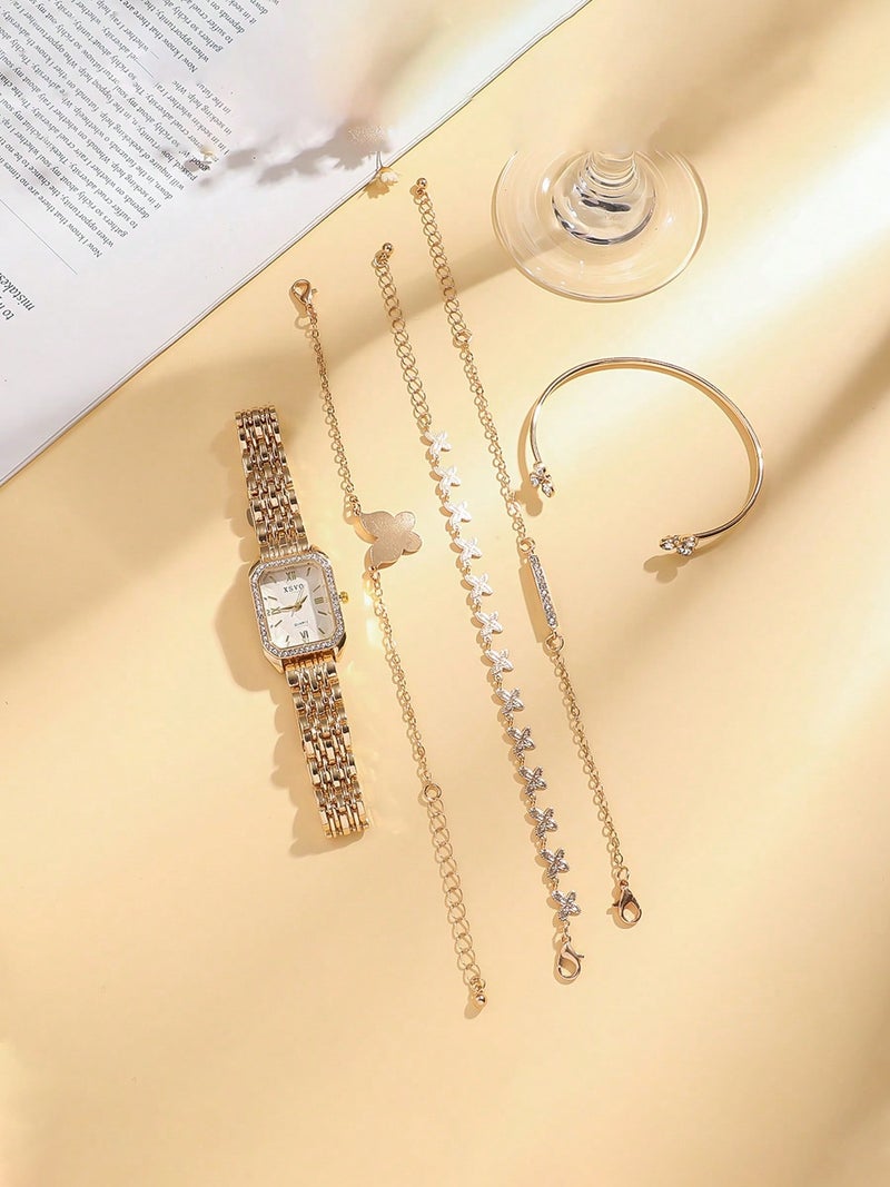 ساعة يد نسائية فاخرة باللون الذهبي مع طقم إكسسوارات مكون من 4 أساور أنيقة – تصميم مزين بالكريستال لإطلالة راقية - Image 4