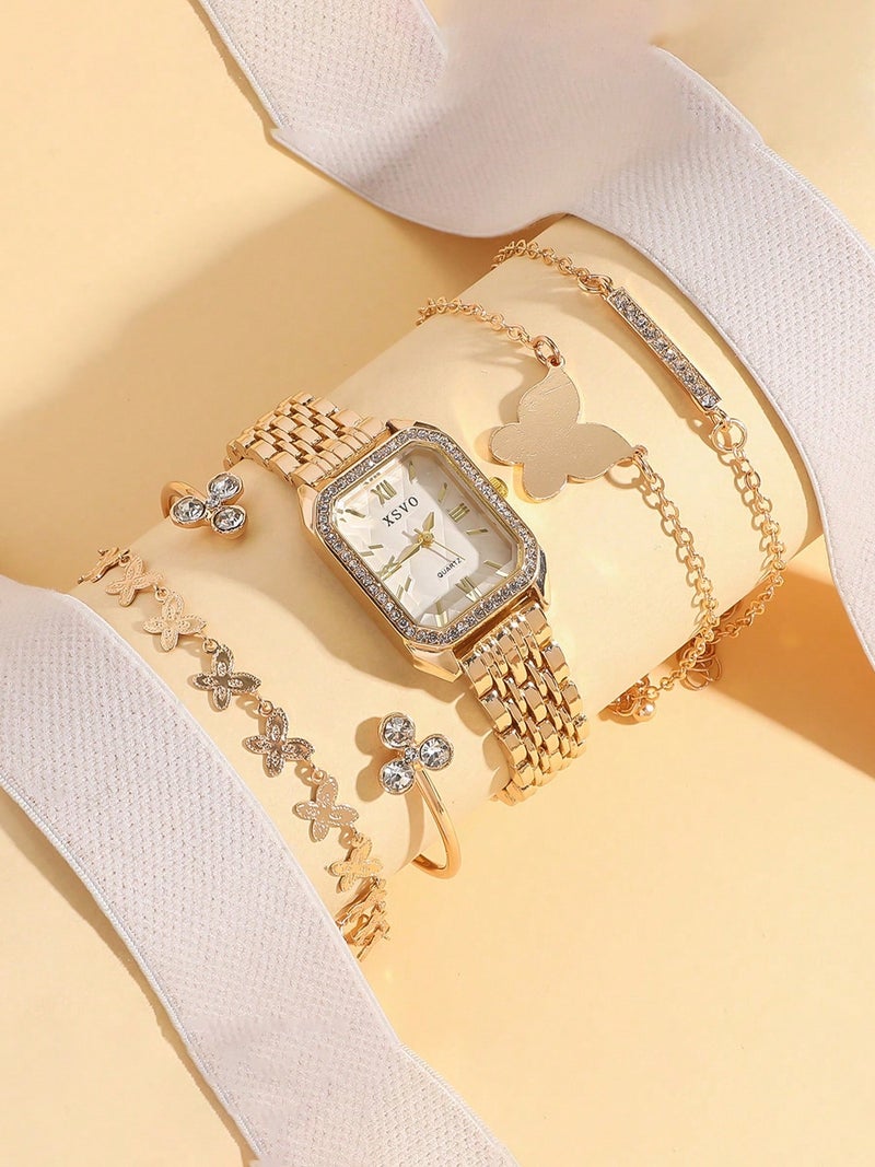 ساعة يد نسائية فاخرة باللون الذهبي مع طقم إكسسوارات مكون من 4 أساور أنيقة – تصميم مزين بالكريستال لإطلالة راقية - Image 1