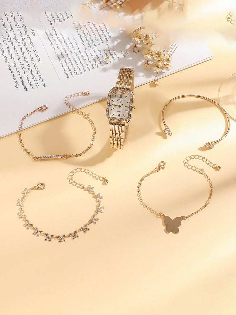 ساعة يد نسائية فاخرة باللون الذهبي مع طقم إكسسوارات مكون من 4 أساور أنيقة – تصميم مزين بالكريستال لإطلالة راقية - Image 3