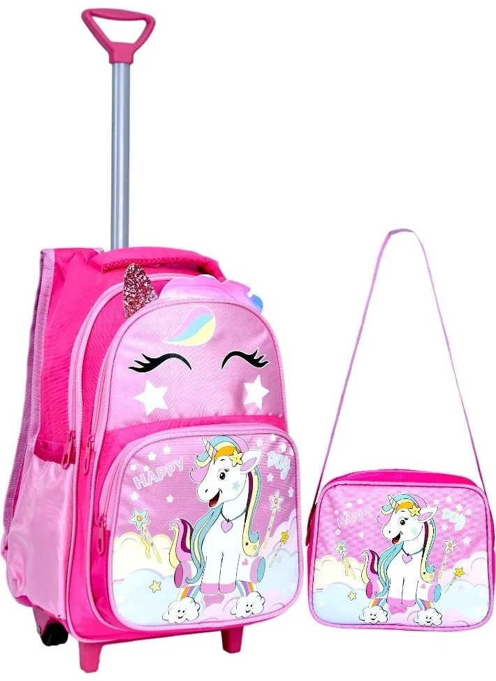 Çantaland Pink Unicorn Printed, Orthopedic Back Featured, Primary School Bag + Lunch Box