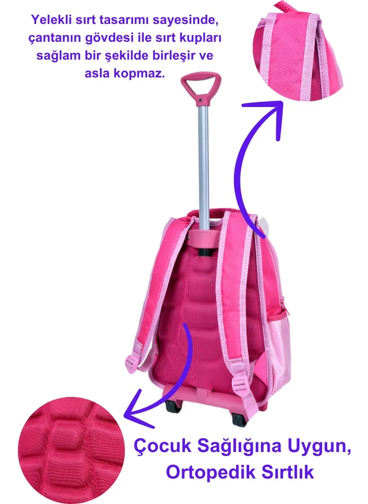 Çantaland Pink Unicorn Printed, Orthopedic Back Featured, Primary School Bag + Lunch Box