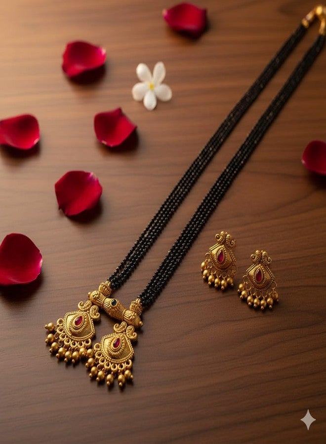 طقم مجوهرات زفاف من AAIKU، قلادة تقليدية من معبد ماهاراشترا، خرز أسود، سلسلة ذهبية وأقراط، مانجالسوترا للنساء والفتيات، عبوة من قطعة واحدة (معبد 56، 36 بوصة، 4 خطوط) - Image 5