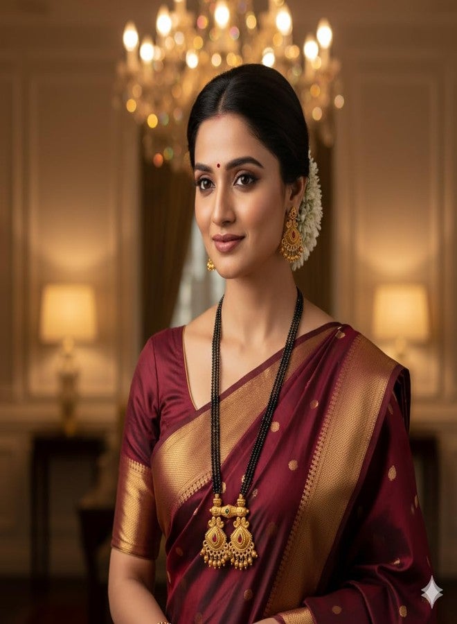 طقم مجوهرات زفاف من AAIKU، قلادة تقليدية من معبد ماهاراشترا، خرز أسود، سلسلة ذهبية وأقراط، مانجالسوترا للنساء والفتيات، عبوة من قطعة واحدة (معبد 56، 36 بوصة، 4 خطوط) - Image 2