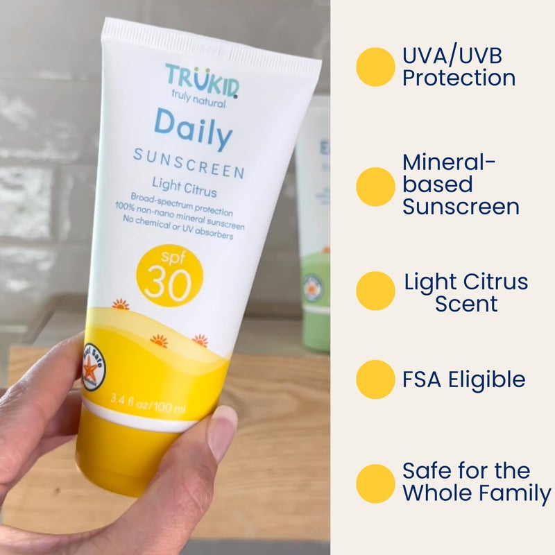 TruKid Daily Mineral Sunscreen SPF 30 - All Natural Kids & Baby Sunscreen for Face & Body, Non-Toxic Zinc Oxide Sunblock Protection for Sensitive Skin, Light Citrus, FSA Eligible, Travel Size 3.4oz - Image 2