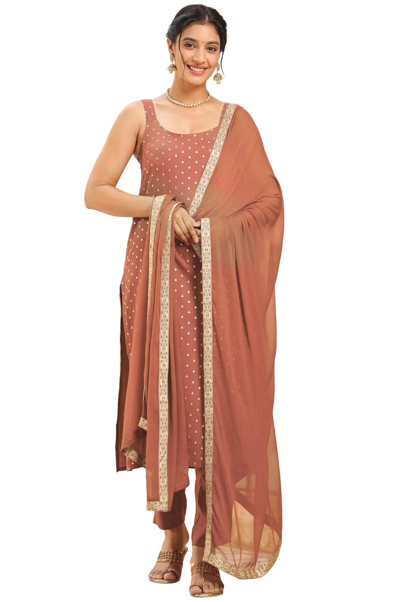Janasya Women Rust Rayon Kurta with Pant & Dupatta with Foil Print Print Outfit for Women - Image 1