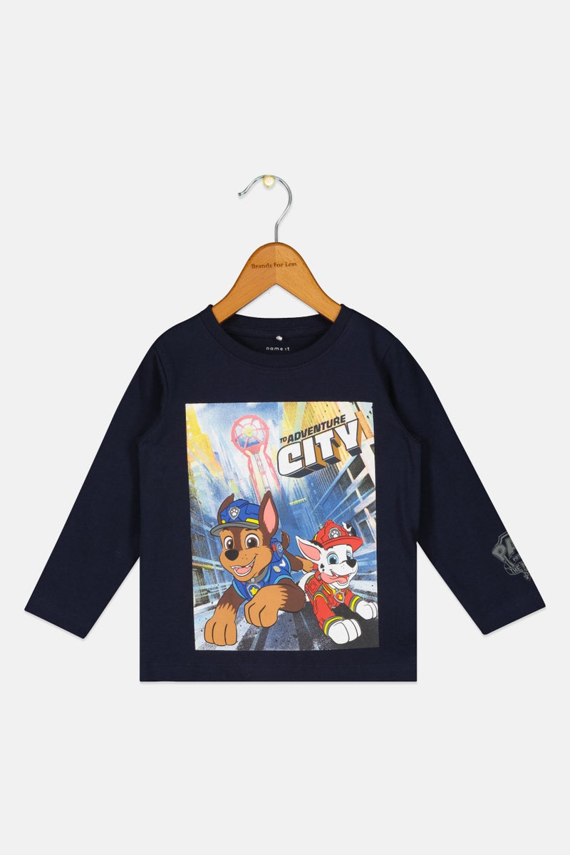 NAME IT تي شيرت طويل الأكمام للأولاد الصغار بطباعة جرافيك، أزرق داكن - Image 1