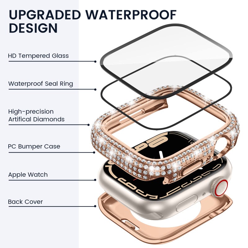 Tensea [2 in 1 for Waterproof Apple Watch Screen Protector Case SE 2nd Generation SE 6 5 4 40mm Accessories, iWatch Hard Diamond Front and Back Bumper Case with Tempered Glass Film, Bling Face Cover - Image 3