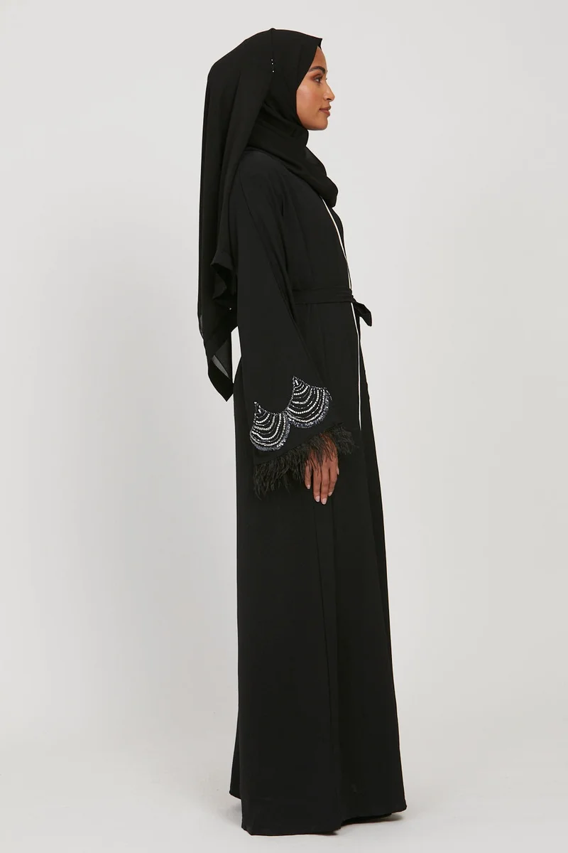 NUKHBAA Elegant Black plain abaya wityh belt and Hijab-N243A