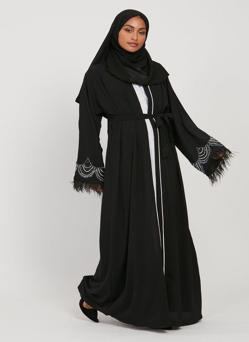 NUKHBAA Elegant Black plain abaya wityh belt and Hijab-N243A - Image 1