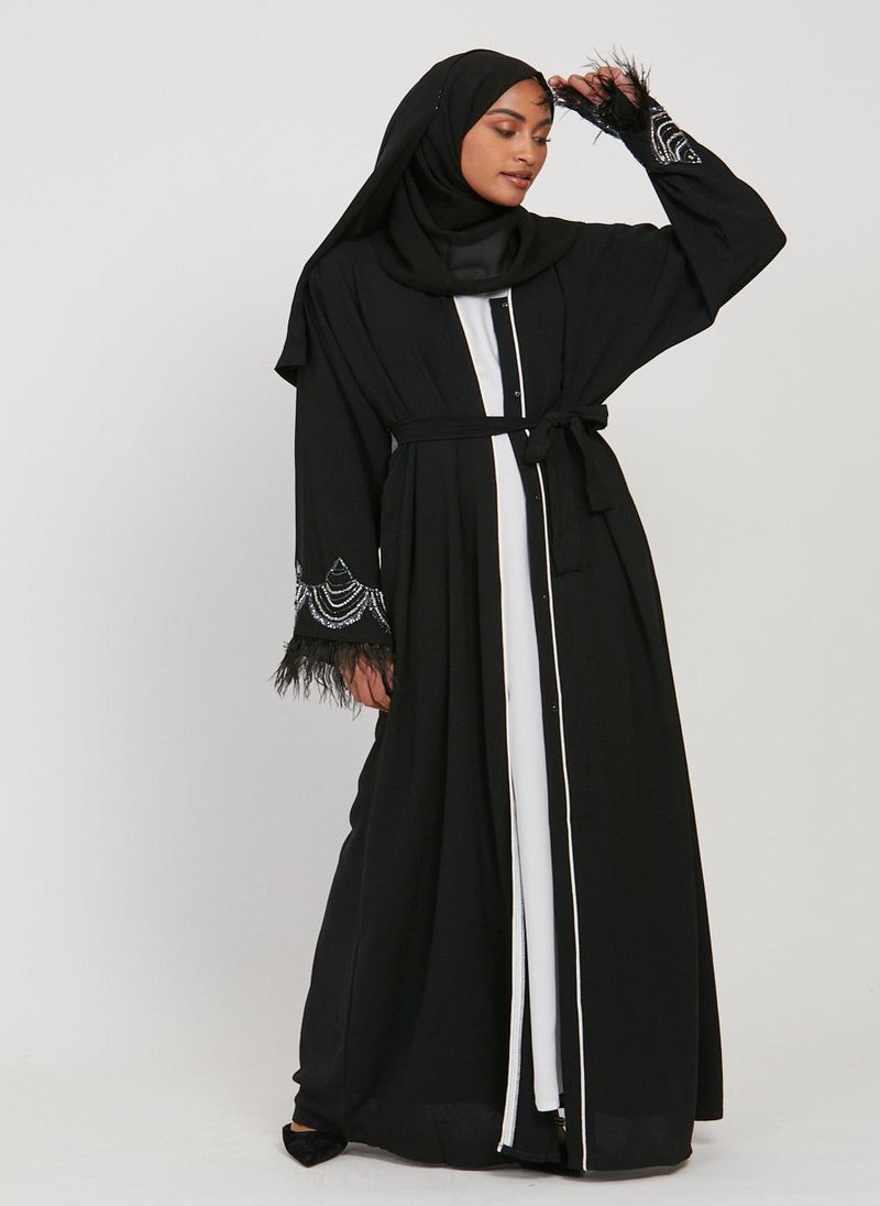 NUKHBAA Elegant Black plain abaya wityh belt and Hijab-N243A - Image 2