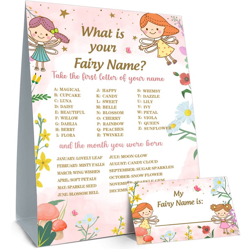 What is Your Fairy Name Game  Fairy birthday party game Fairy Birthday Party Sign for Girls Holiday Activity Kids Fairy Activity Decoration Supplies1 Fairy Theme Sign and 30 Name Tag Stickers