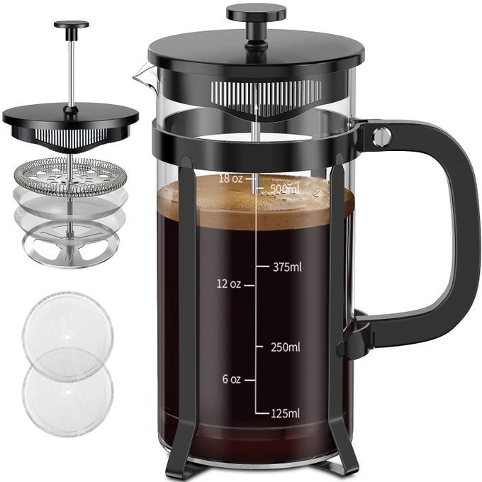 FRENCH PRESS COFFEE MAKER 304 STAINLESS STEEL FRENCH PRESS WITH 4 FILTER HEAT RESISTANT DURABLE EASY TO CLEAN BOROSILICATE GLASS COFFEE PRESS 100 BPA FREE GLASS TEAPOT 21 OUNCE BLACK