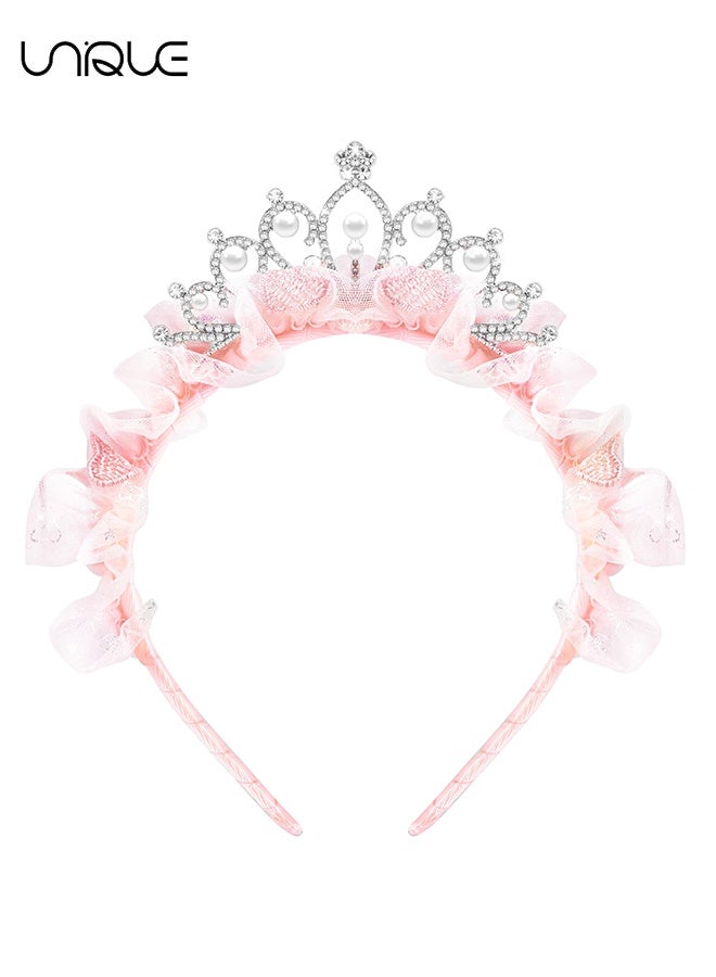 Unique Princess Crown Headbands Birthday Gifts for Women Tiara Cute Pink Rhinestone Pearl Crown Hair Band Accessories Elastic Head Bands Headpiece Decoration for Party Favor Costume Cosplay (Pink) - Image 1