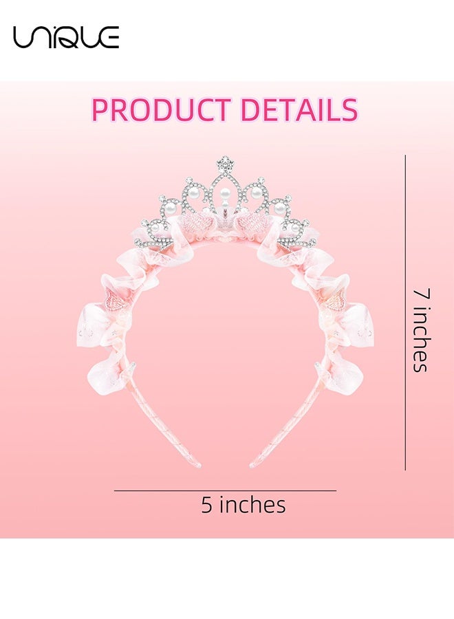 Unique Princess Crown Headbands Birthday Gifts for Women Tiara Cute Pink Rhinestone Pearl Crown Hair Band Accessories Elastic Head Bands Headpiece Decoration for Party Favor Costume Cosplay (Pink) - Image 2