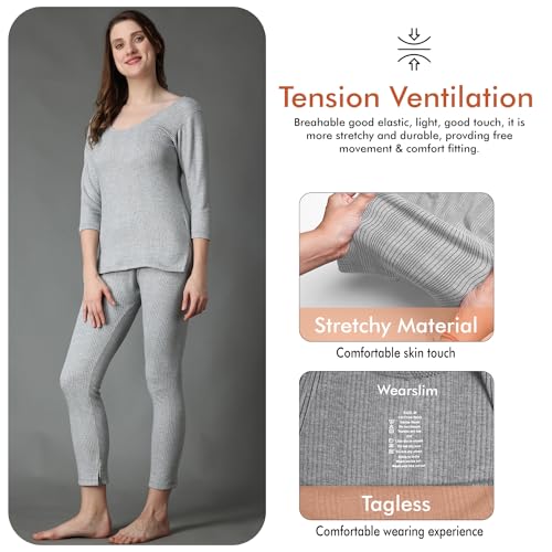 Wearslim® Women’s Cotton Quilted Winter Lightweight Thermal Underwear for Women Long Johns Set with Fleece Lined Soft Warmer Color - Grey (Size - Large) - Image 5