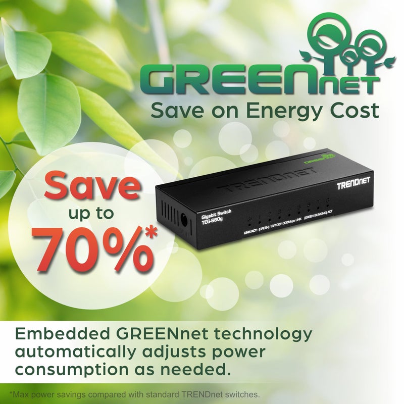 TRENDnet 8-Port Mini Gigabit Switch, TEG-S80g, Ethernet Splitter, NDAA + TAA Compliant, Desktop Metal Ethernet Network Switch, 8 x Gigabit Ports, Fanless, Lifetime Protection, Black - Image 2