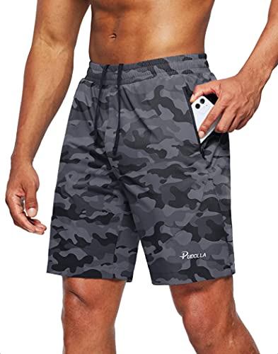 Pudolla Men's Workout Running Shorts Lightweight Gym Athletic Shorts for Men with Zipper Pockets (Camo Black X-Large) - Image 1