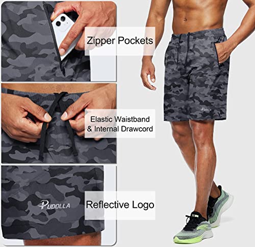Pudolla Men's Workout Running Shorts Lightweight Gym Athletic Shorts for Men with Zipper Pockets (Camo Black X-Large) - Image 5