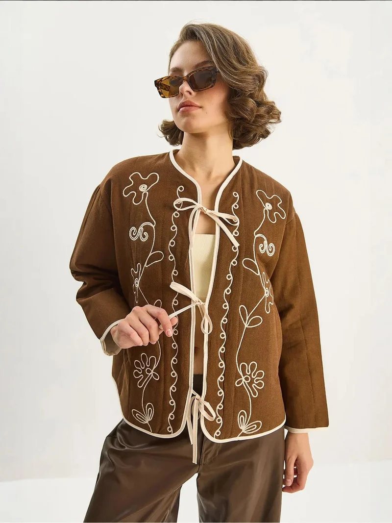 Bianco Lucci Embroidered Tie-Front Cotton Jacket with Contrast Trim