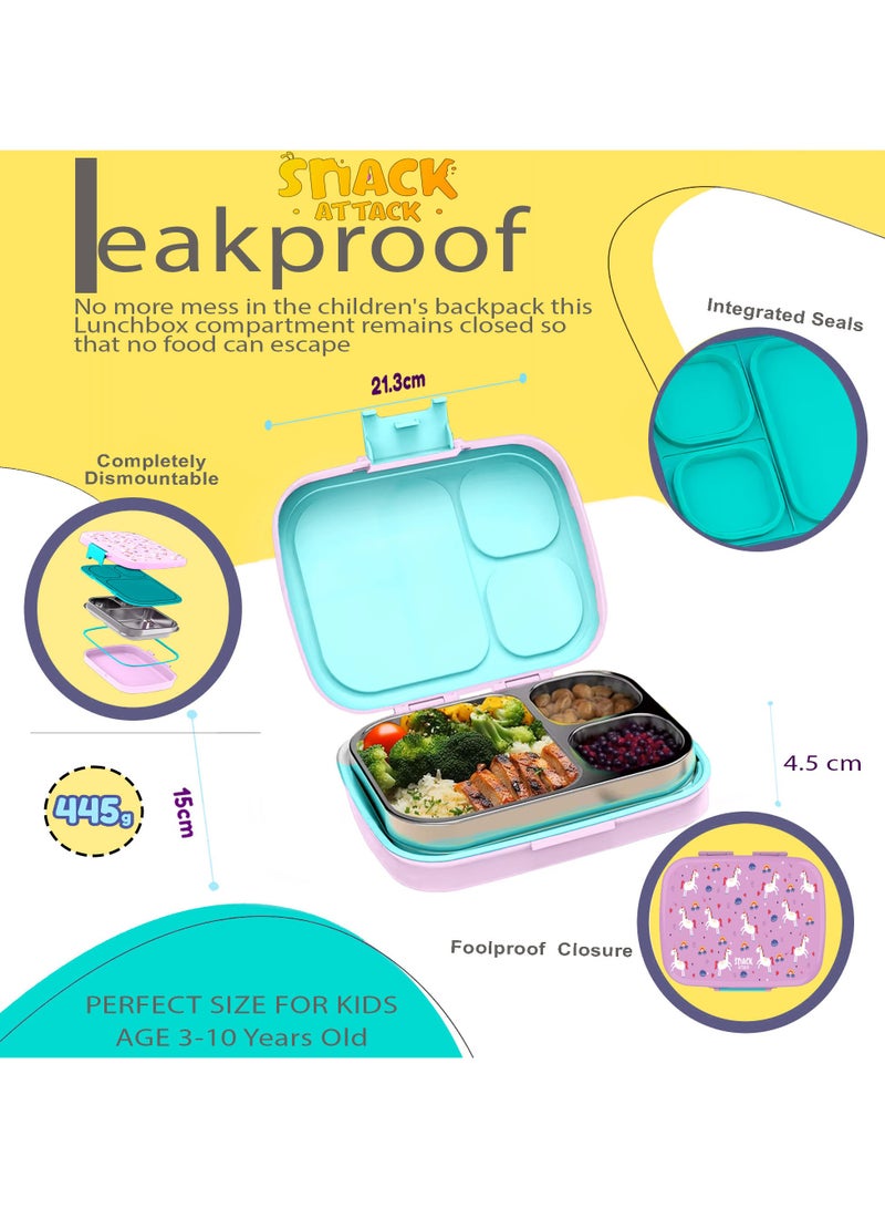 Snack attack Snack Attack Leakproof Bento Lunch Box for Kids – 3 Compartments | Unicorn Design | Food-Grade with Silicone Seal | Toddler Girls’ Lunch Container with Spoon & Fork  - Image 2