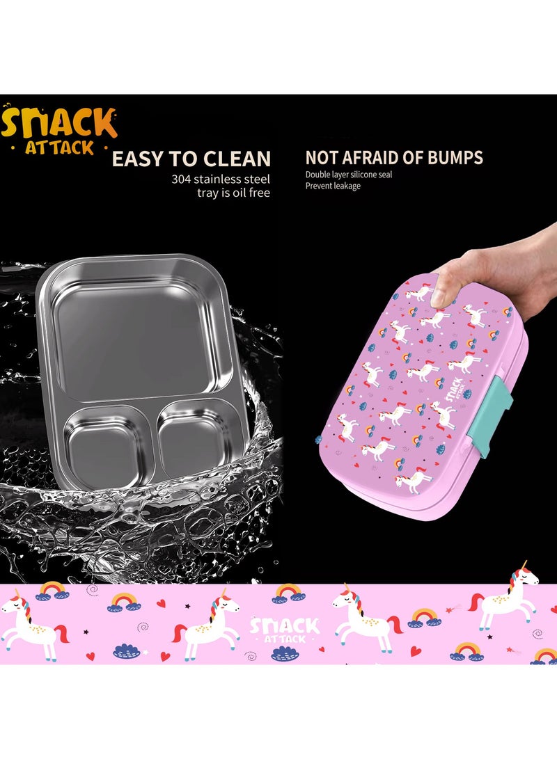 Snack attack Snack Attack Leakproof Bento Lunch Box for Kids – 3 Compartments | Unicorn Design | Food-Grade with Silicone Seal | Toddler Girls’ Lunch Container with Spoon & Fork  - Image 3