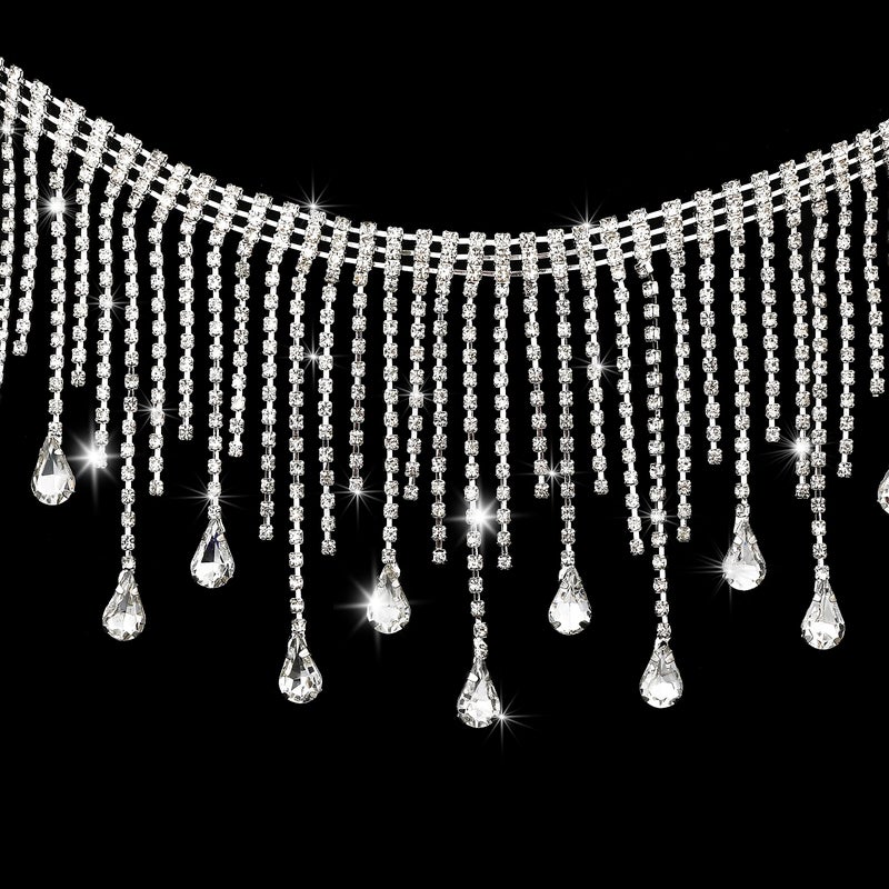 Coucoland Crystal Rhinestone Trim Ribbon  1 Yard Tassel Chain Sewing Craft for Wedding Bridal Party Belly Dance Chain DropSilver