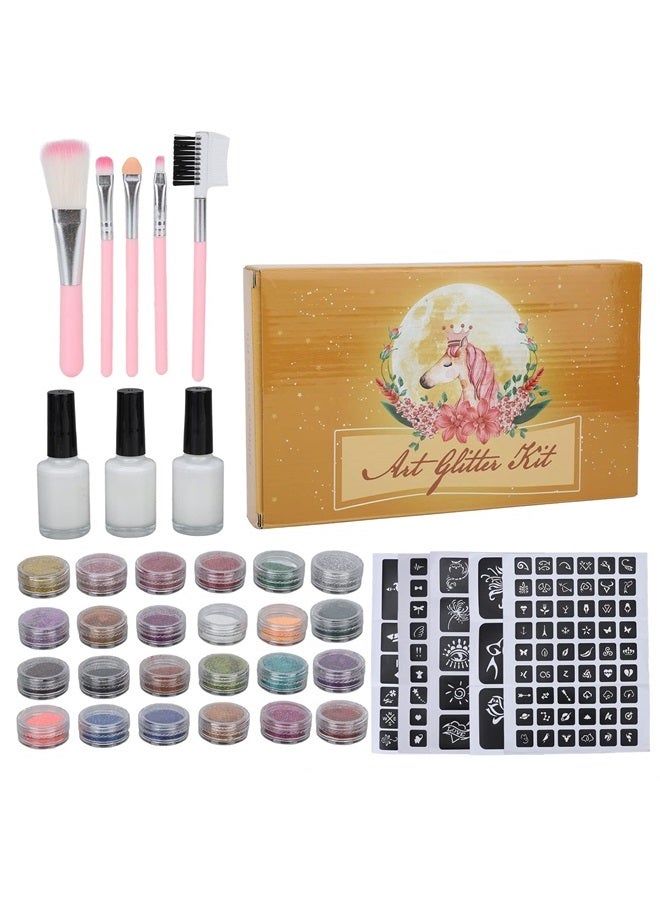 Temporary Glitter Tattoos Kit for Kids, 24 Glitter Colors, 153 Total Pattern, Body Face Nail Art Glitter Festival Party, Adults Kids Arts Glitter Make Up Kit, with 4 Brushes 3 Glues