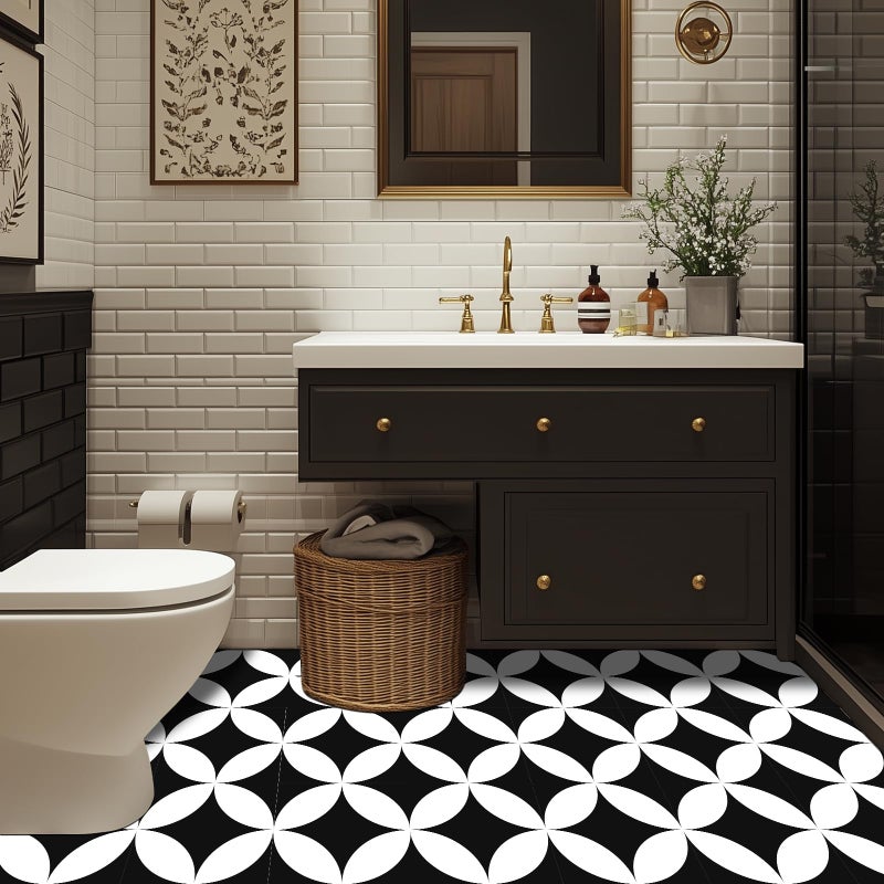 HOMETITUTE 10PCS 12x12 Inch Black and White Geometric Peel and Stick Floor Tiles Removable Self Adhesive Vinyl Flooring Stickers for Kitchen Living Room Entryway Office Modern Home Decor - Image 4
