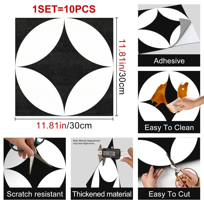 HOMETITUTE 10PCS 12x12 Inch Black and White Geometric Peel and Stick Floor Tiles Removable Self Adhesive Vinyl Flooring Stickers for Kitchen Living Room Entryway Office Modern Home Decor - Image 3