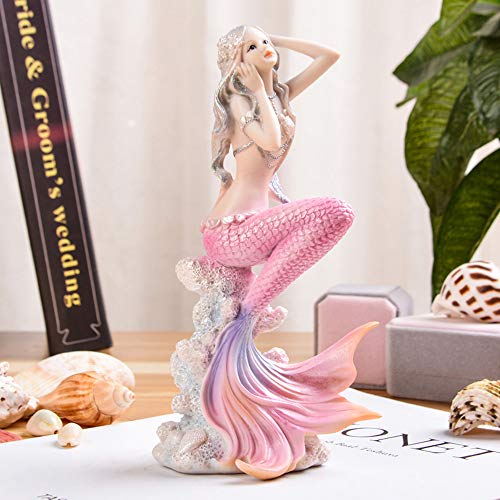 Rayberro Pink Mermaid Figurines 7.28" Resin Mermaid Sculpture Mediterranean Princess Ornaments Home Office Desktop Bookshelf Mermaid Collectible Figurines Crafts Fish Tank Aquarium Decoration - Image 3