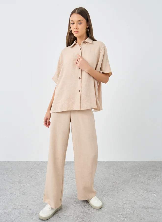 ستايلي Styli Women Beige Relaxed Fit Shirt and Trouser Modest Set