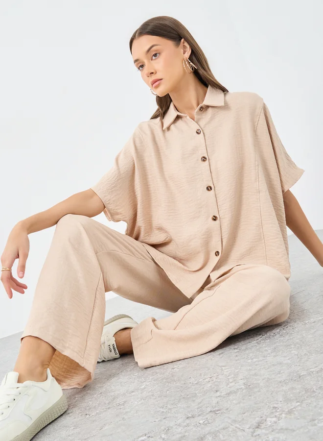 ستايلي Styli Women Beige Relaxed Fit Shirt and Trouser Modest Set