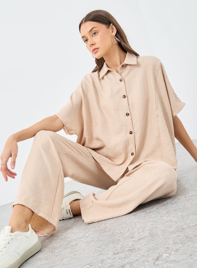 Styli Women Beige Relaxed Fit Shirt and Trouser Modest Set - Image 1