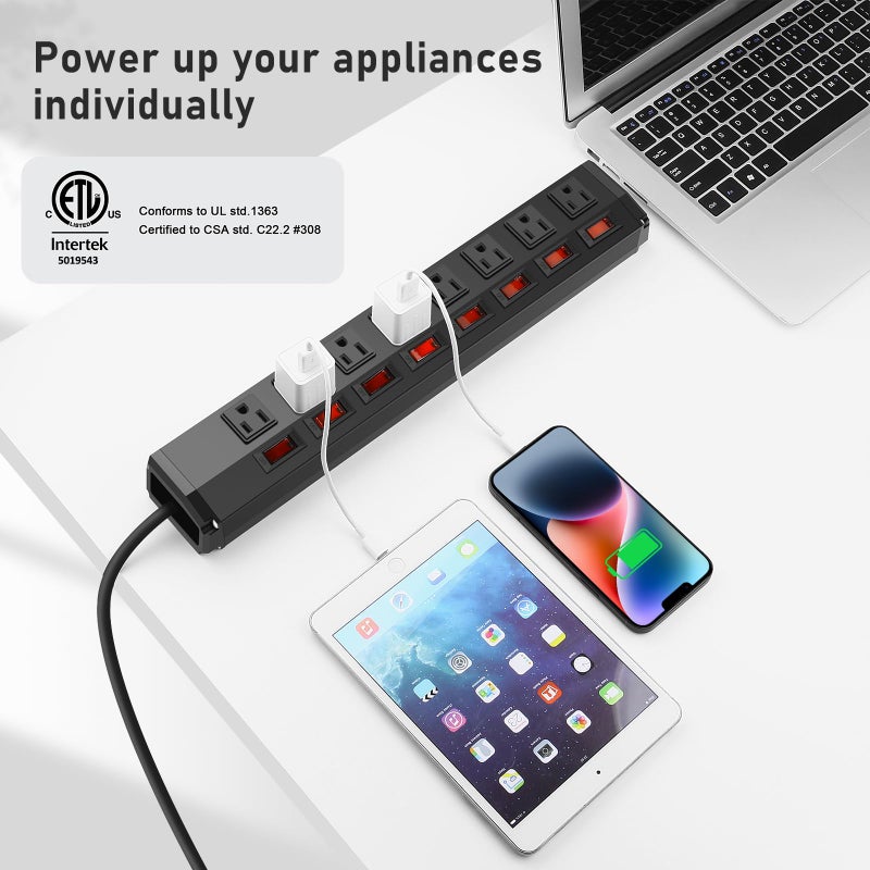 ANNQUAN 8 Outlet Heavy Duty Power Strip with 8 Individual Switches,Moutable Metal Power Strip Surge Protector 1200 Joules,6FT 14AWG Extension Cord,15A 1800W 125V 60Hz - Image 2