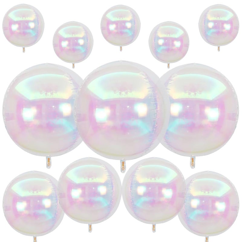 Vibzox 12Pcs Iridescent Round Foil Balloons, 22" 15" 10" 4D Clear Ball Balloon, Holographic Balloons for Birthday Wedding Folding Rainbow Under The Sea Mermaid Party decoration - Image 1