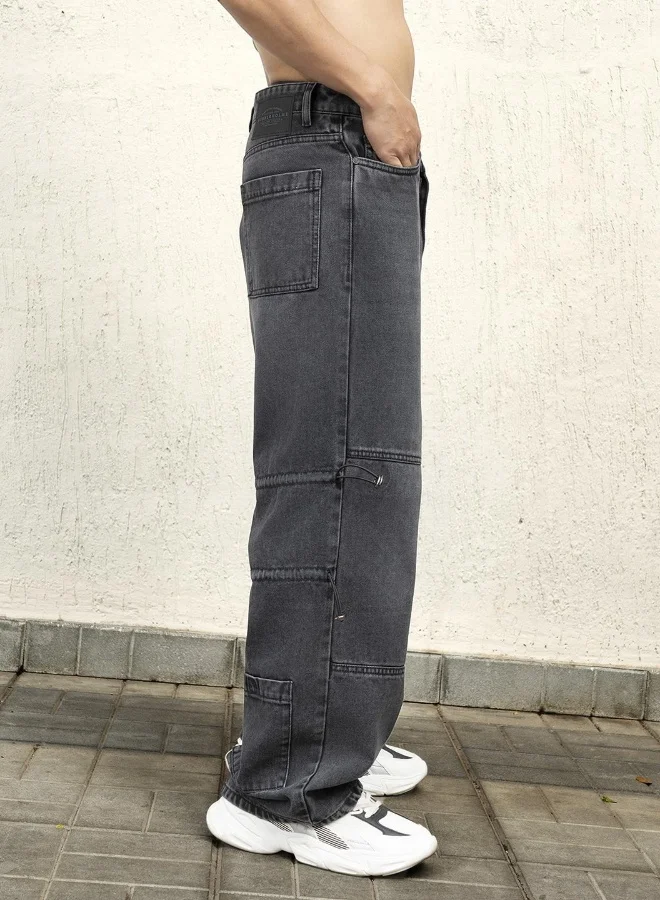 Hubberholme Men's Black 100% Cotton Bleached Full Length Baggy Jeans