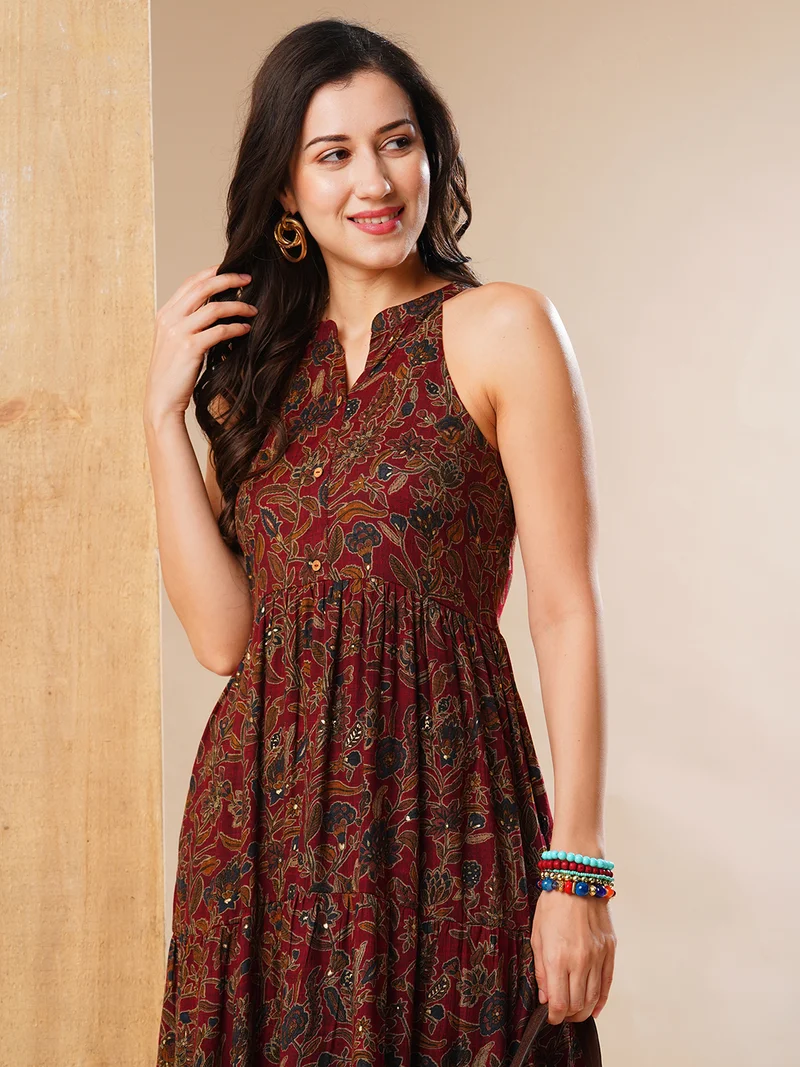 جلو باص Women Maroon Halter Neck Allover Floral Print Tiered Fit & Flare Fusion Maxi Dress