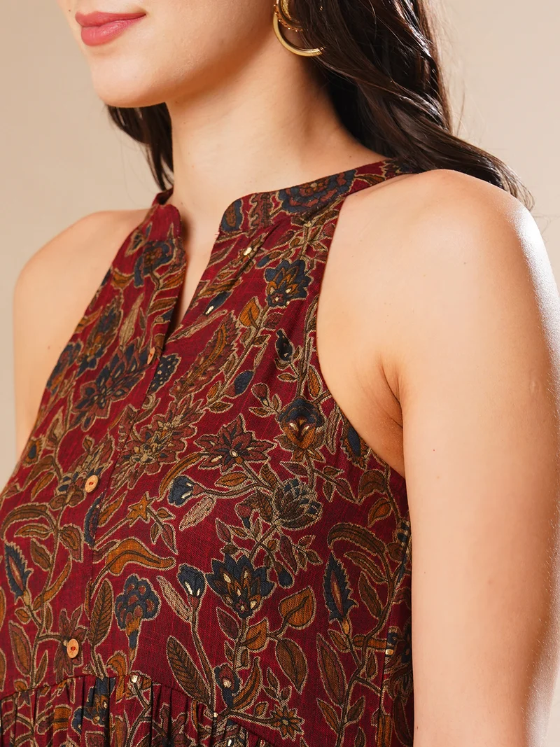 جلو باص Women Maroon Halter Neck Allover Floral Print Tiered Fit & Flare Fusion Maxi Dress